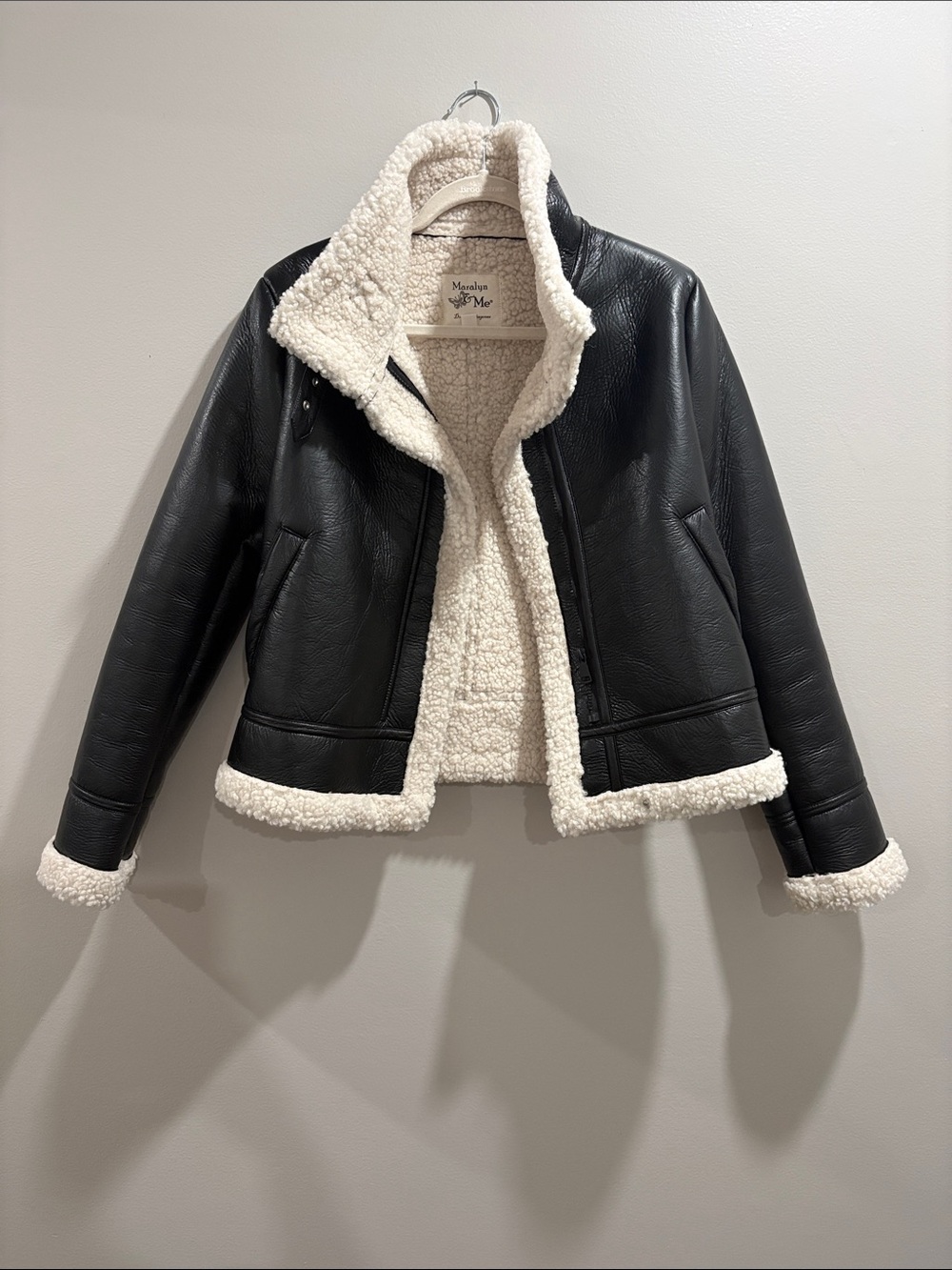 Black Faux Leather Moto Jacket with Cream Sherpa lining